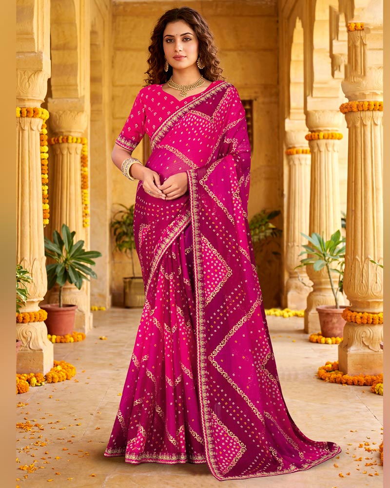Vishal Prints Deep Rani Printed Chiffon Traditional Saree With Foil Print And Fancy Embroidery Border
