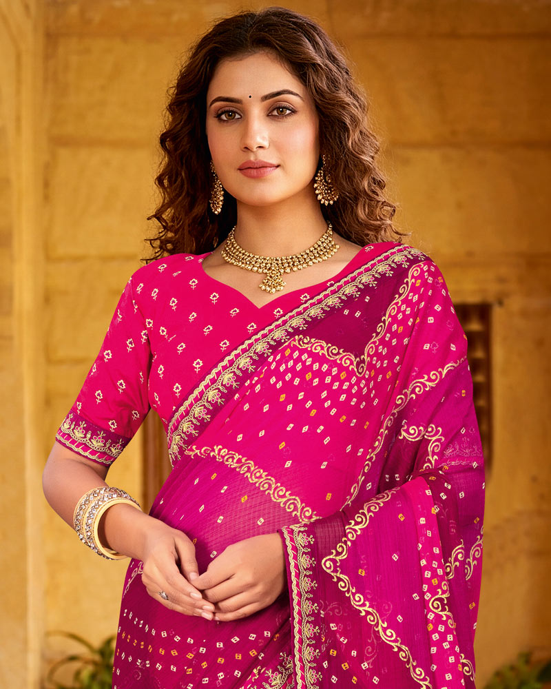 Vishal Prints Deep Rani Printed Chiffon Traditional Saree With Foil Print And Fancy Embroidery Border