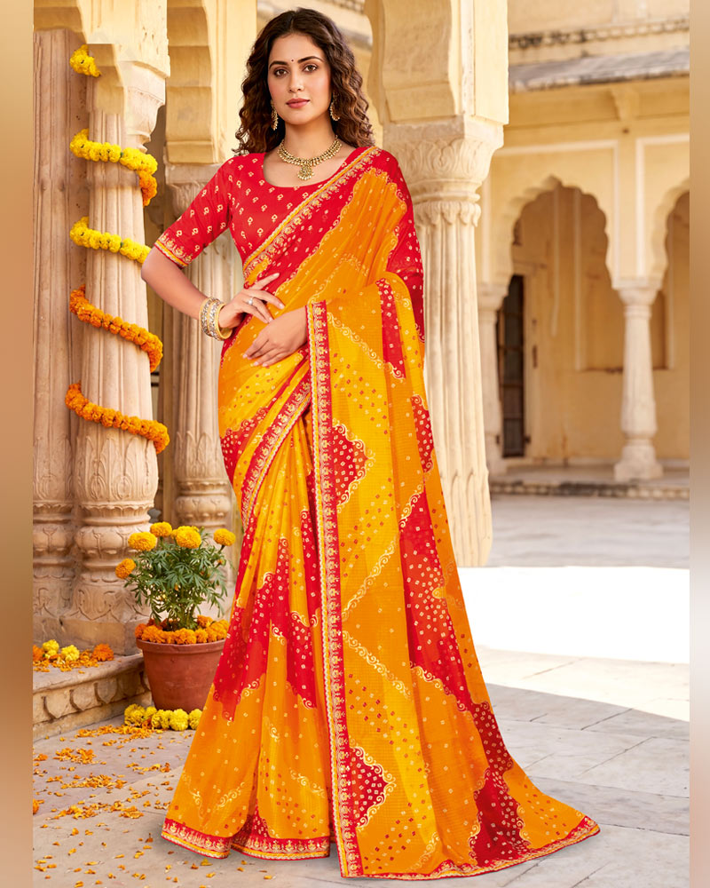 Vishal Prints Bright Yellow Printed Chiffon Traditional Saree With Foil Print And Fancy Embroidery Border