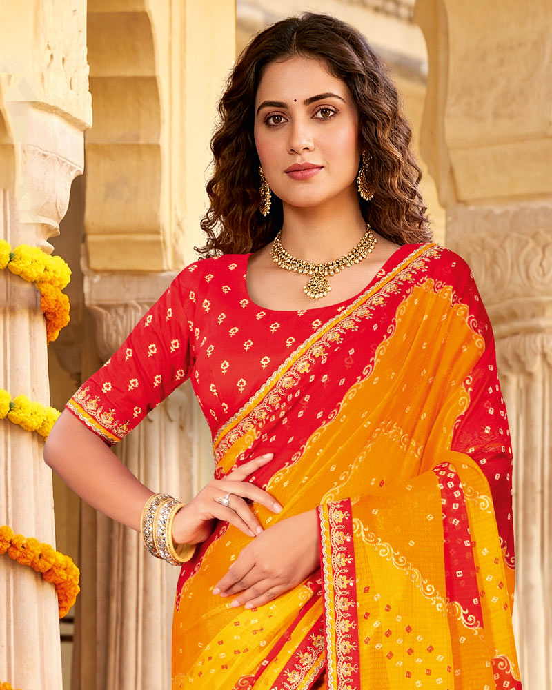 Vishal Prints Bright Yellow Printed Chiffon Traditional Saree With Foil Print And Fancy Embroidery Border