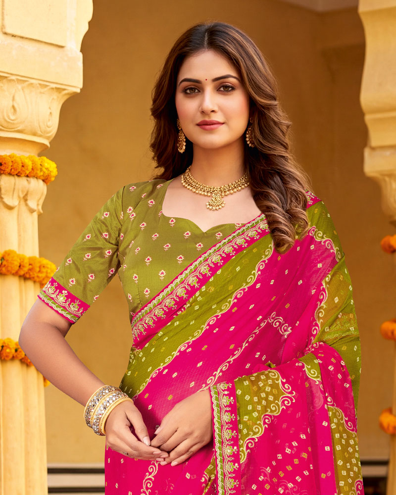 Vishal Prints Magenta Olive Printed Chiffon Traditional Saree With Foil Print And Fancy Embroidery Border