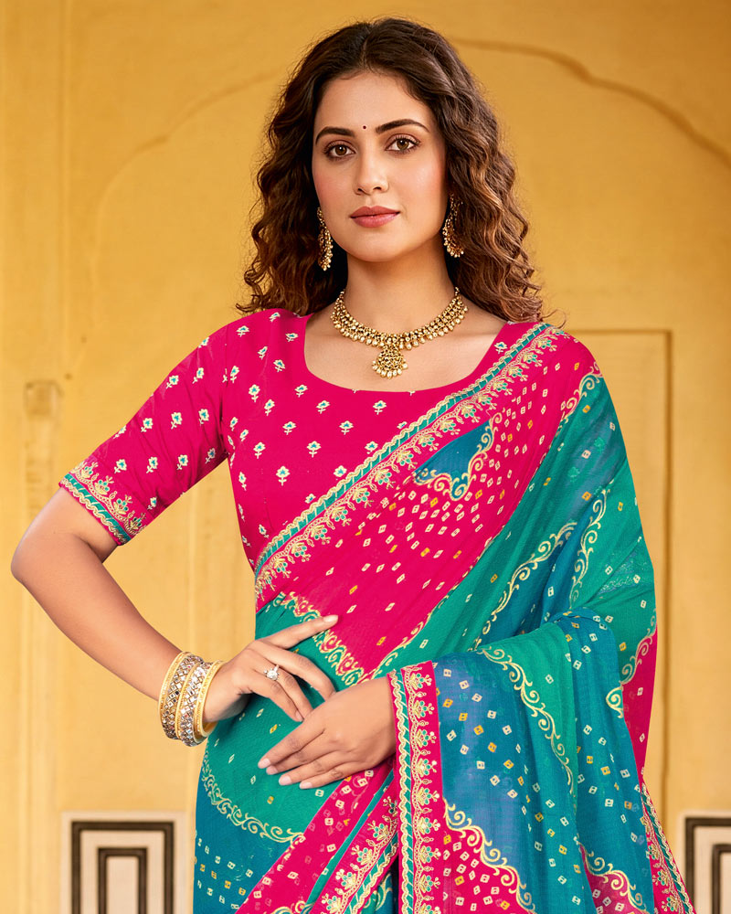 Vishal Prints Deep Sky Blue Printed Chiffon Traditional Saree With Foil Print And Fancy Embroidery Border