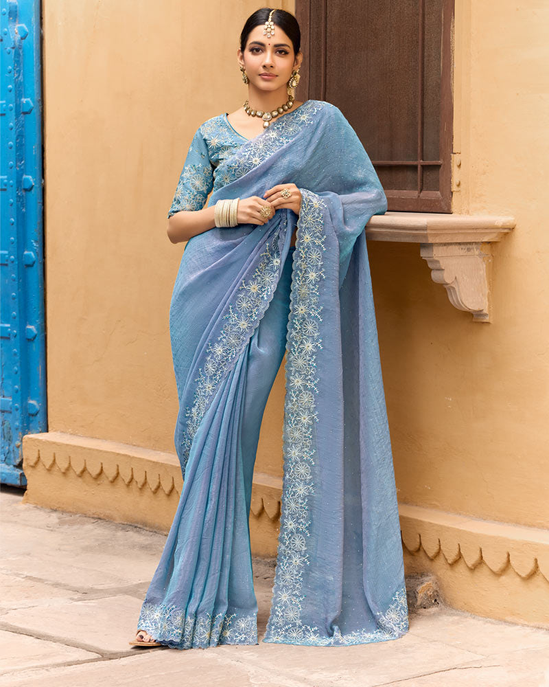 Vishal Prints Steel Blue Designer Chiffon Saree With Diamond Work And Cut Work Embroidery Border
