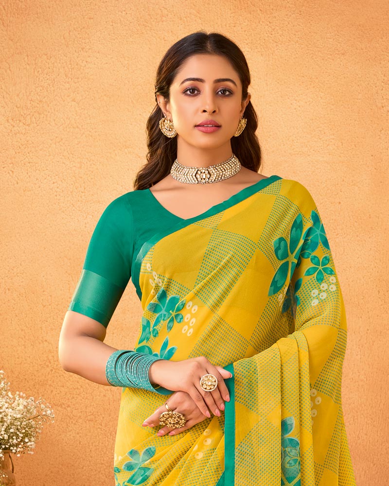 Vishal Prints Burnt Yellow Printed Georgette Saree With Satin Piping