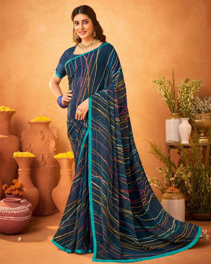 Vishal Prints Dark Navy Blue Printed Georgette Saree With Satin Piping