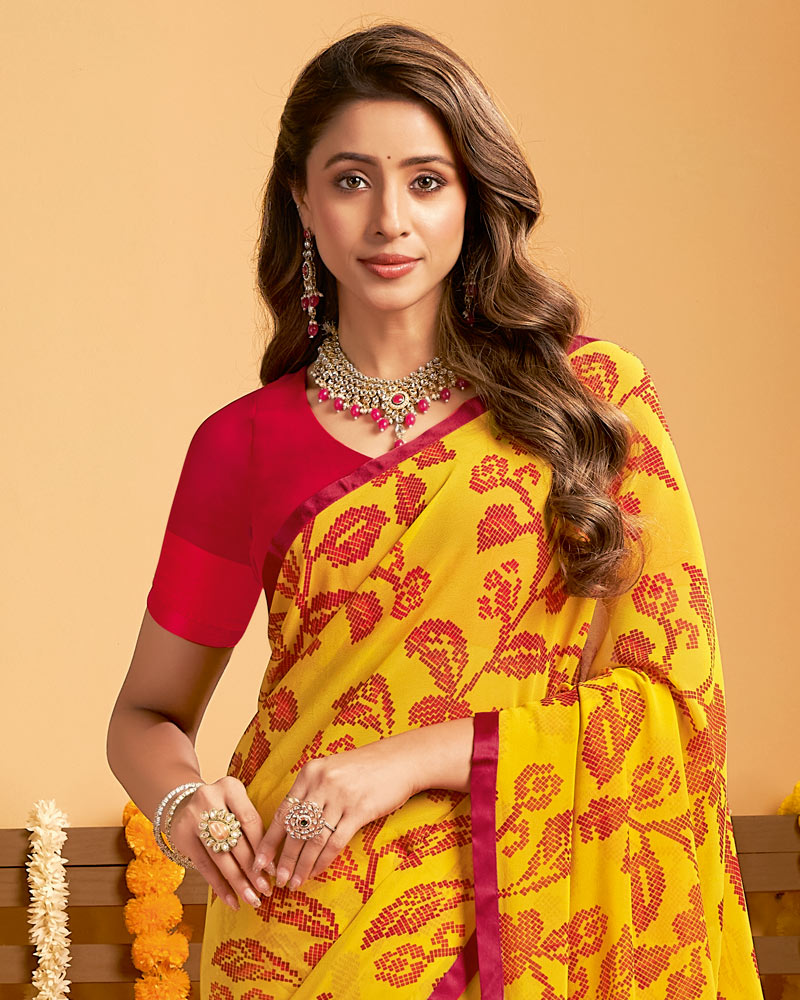 Vishal Prints Squash Yellow Printed Georgette Saree With Satin Piping