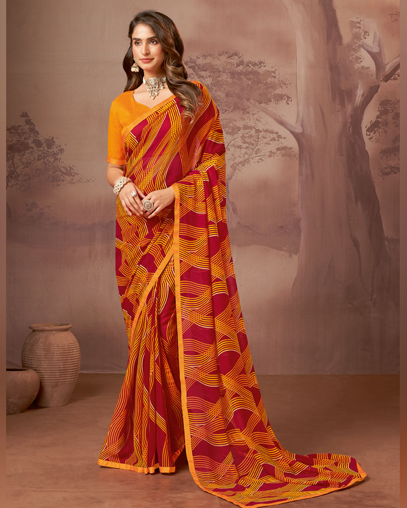 Vishal Prints Red Printed Georgette Saree With Satin Piping
