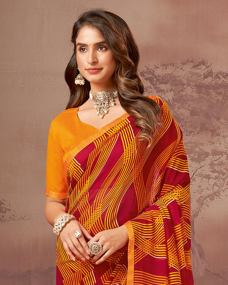 Vishal Prints Red Printed Georgette Saree With Satin Piping
