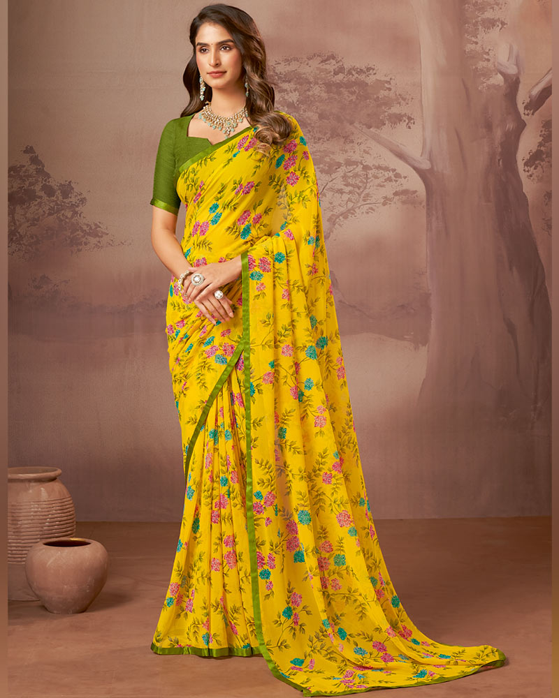 Vishal Prints Bright Yellow Printed Georgette Saree With Satin Piping
