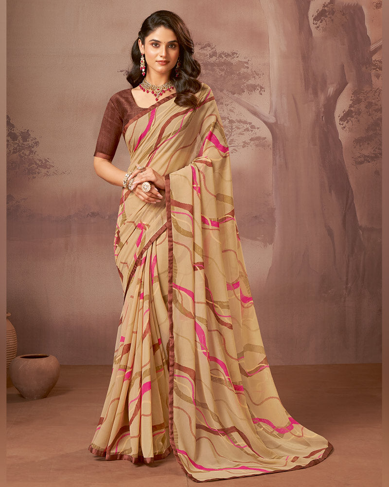 Vishal Prints Beige Printed Georgette Saree With Satin Piping