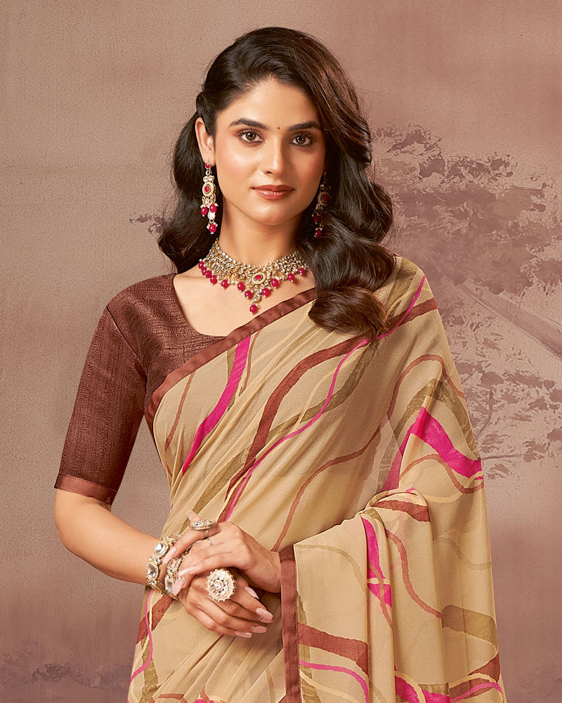 Vishal Prints Beige Printed Georgette Saree With Satin Piping