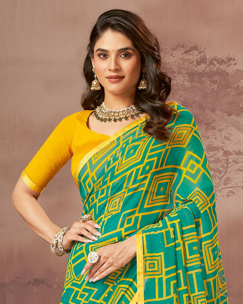 Vishal Prints Teal Green Printed Georgette Saree With Satin Piping