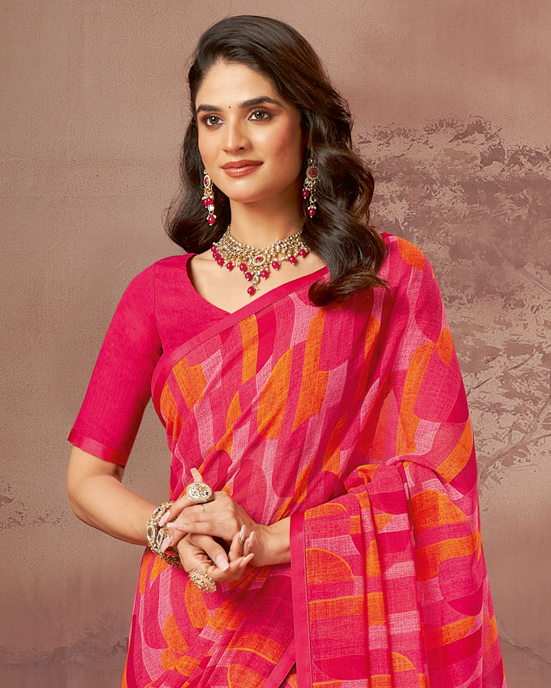 Vishal Prints Bright Poppy Pink Printed Georgette Saree With Satin Piping