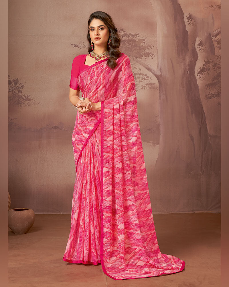 Vishal Prints Bright Pink Printed Georgette Saree With Satin Piping