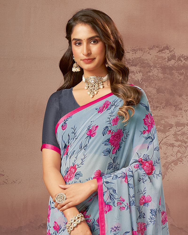 Vishal Prints Pale Blue Printed Georgette Saree With Satin Piping