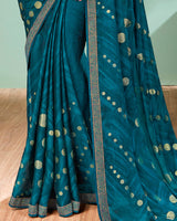 Vishal Prints Dark Teal Blue Chiffon Saree With Foil Print And Jari Border