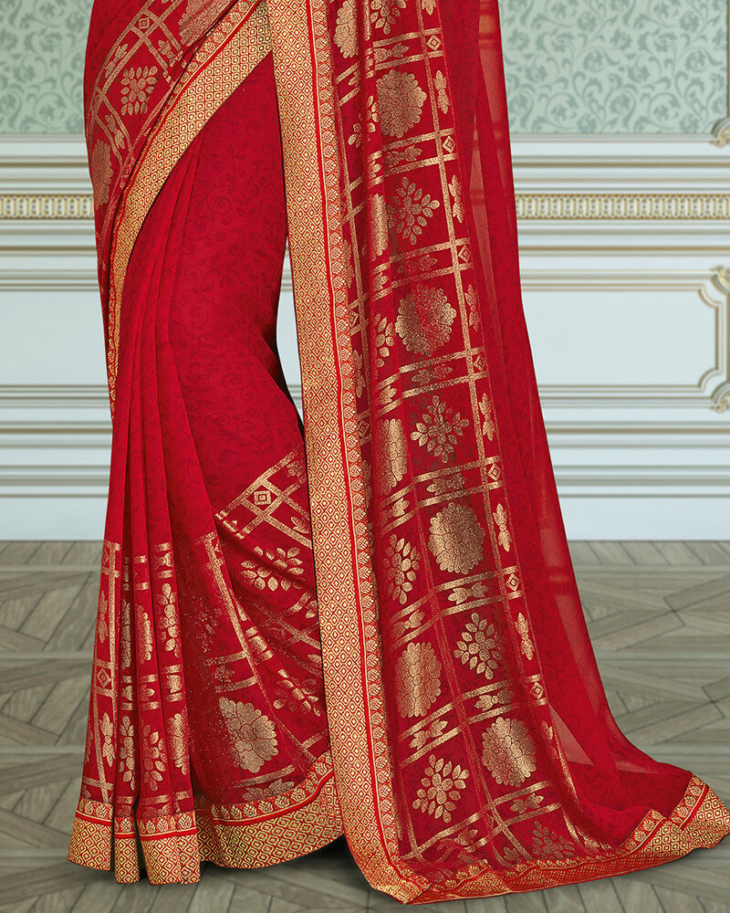 Vishal Prints Red Georgette Saree With Foil Print And Jari Border