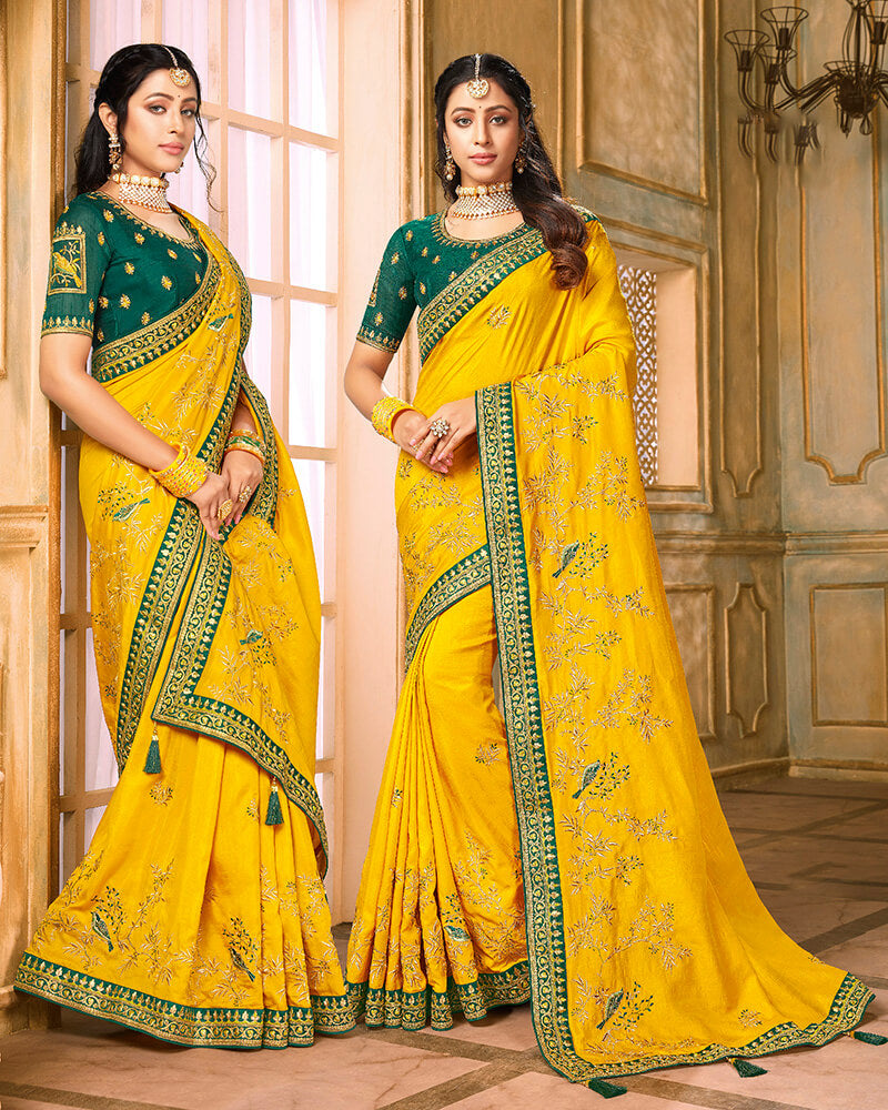 Vishal Prints Yellow And Green Silk Saree With Embroidery Work And Jar