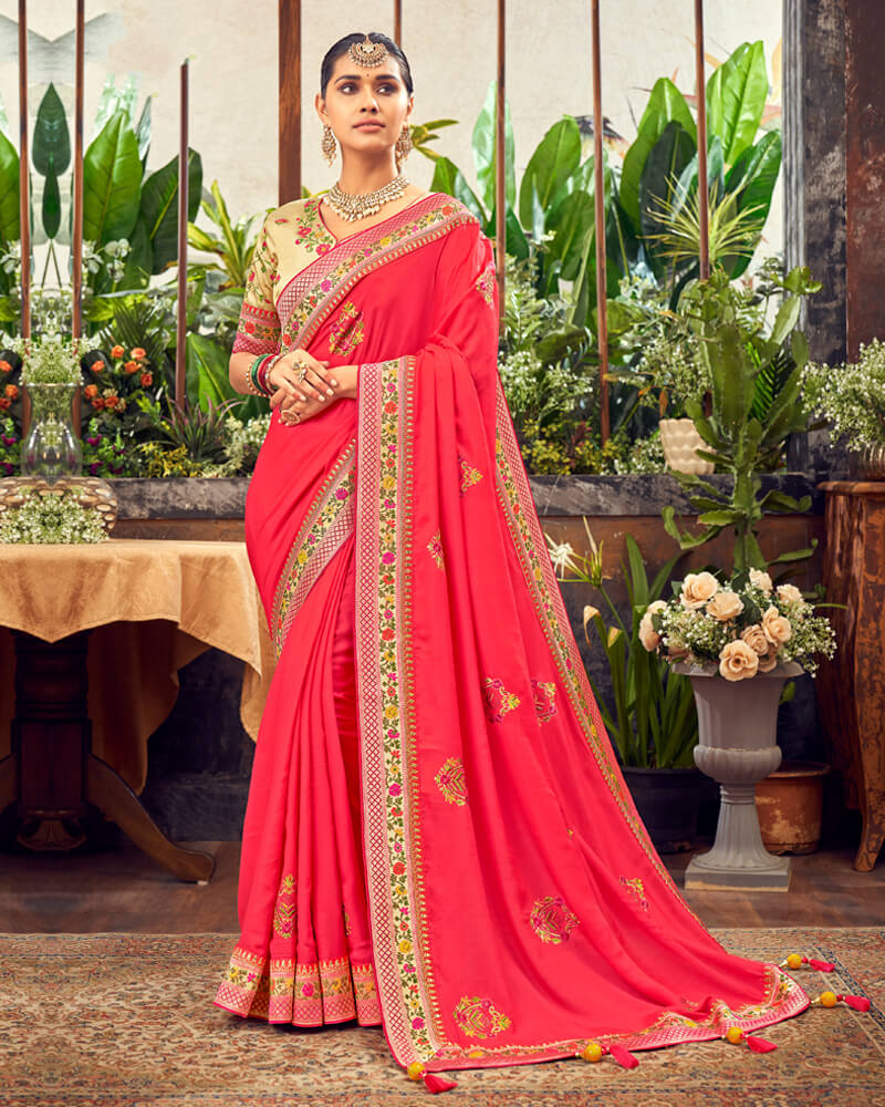 Vishal Prints Red Art Silk Saree With Embroidery Work And Tassel