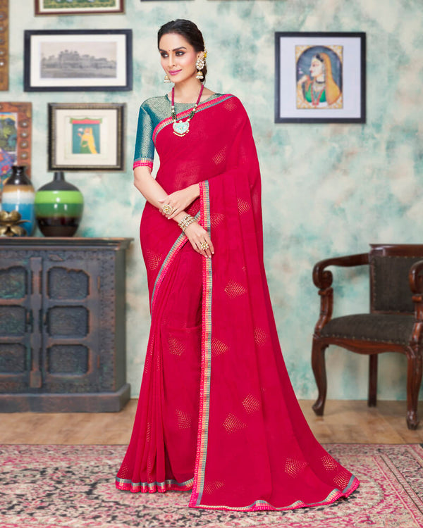 Vishal Prints Red Pink Chiffon Saree With Foil Print And Jari Border