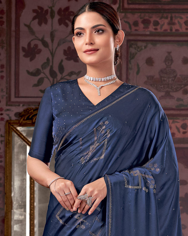 Vishal Prints Navy Blue Premium Satin Saree With Stone Diamond Work