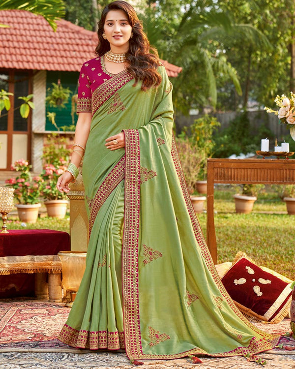 Vishal Prints Khaki Green Art Silk Saree With Embroidery Work And Tassel