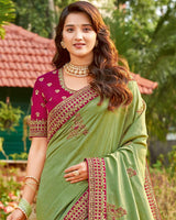 Vishal Prints Khaki Green Art Silk Saree With Embroidery Work And Tassel