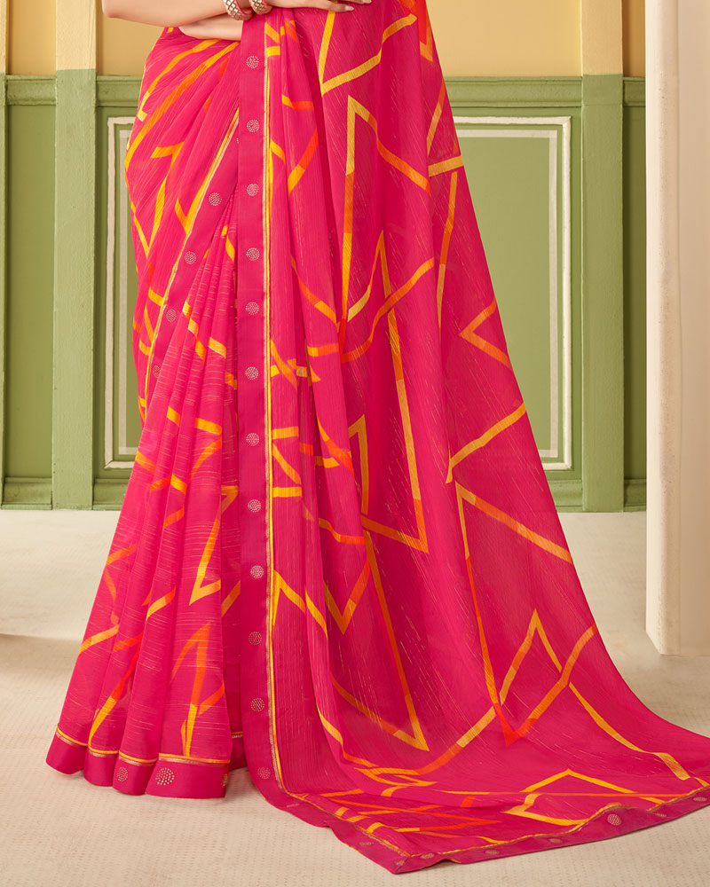 Vishal Prints Red Pink Printed Chiffon Saree With Border