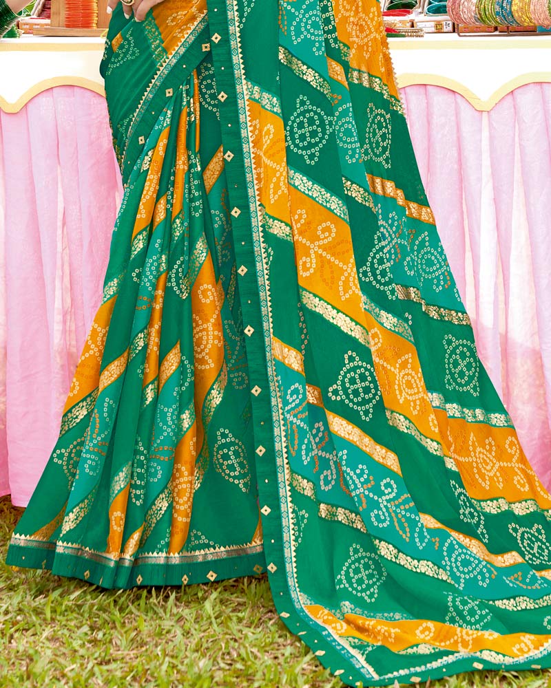 Vishal Prints Dark Sea Green Bandhani Print Chiffon Saree With Foil Print