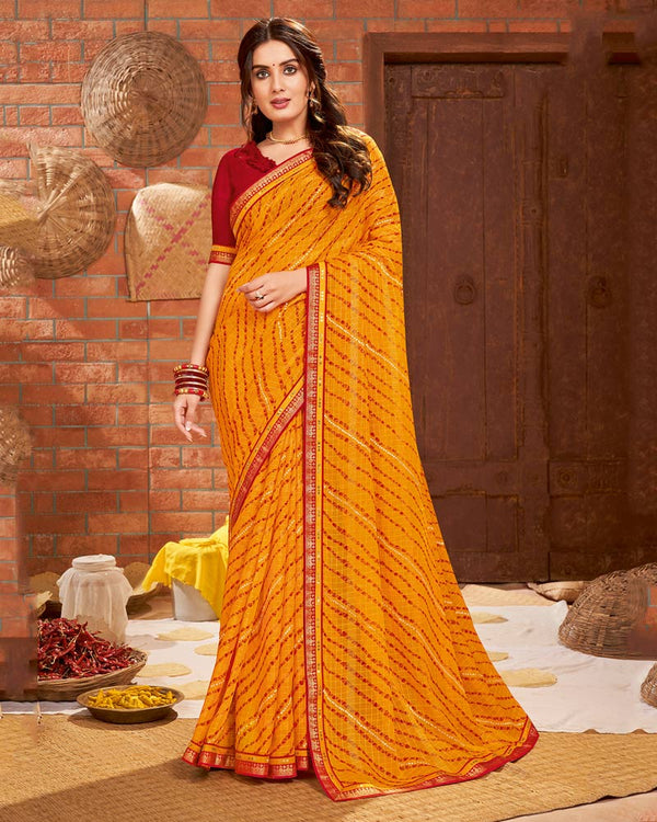 Vishal Prints Yellowish Orange Printed Bandhani Print Patterned Chiffon Saree With Foil