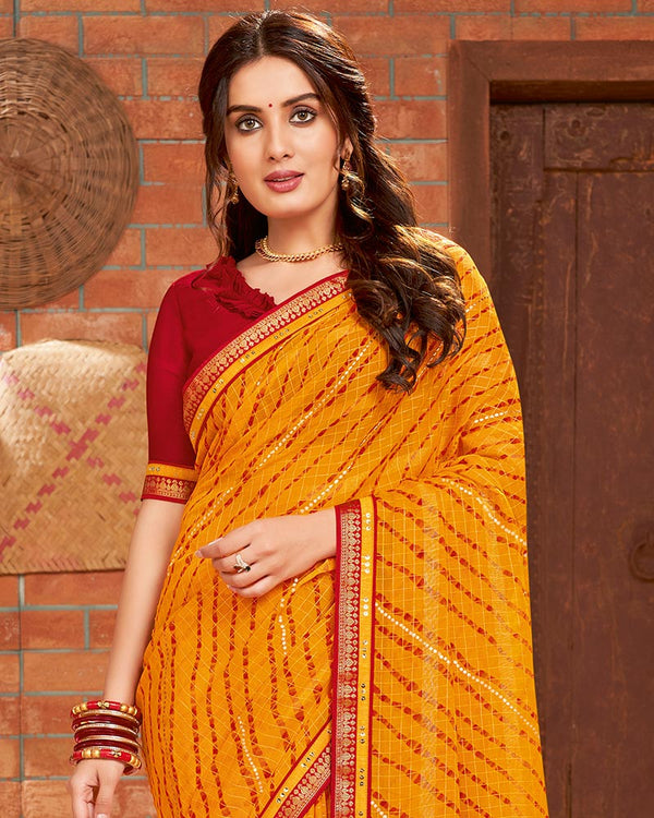 Vishal Prints Yellowish Orange Printed Bandhani Print Patterned Chiffon Saree With Foil
