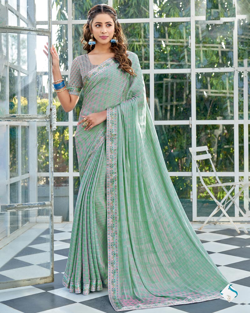 Vishal Prints Pastel Green Checks Patterned Fancy Chiffon Saree With D