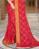 Vishal Prints Pinkish Red Printed Brasso Bandhani Print Saree With Diamond And Foil Print