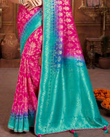 Vishal Prints Hot Pink And Turquoise Silk Weaving Saree With Zari Border And Tassel