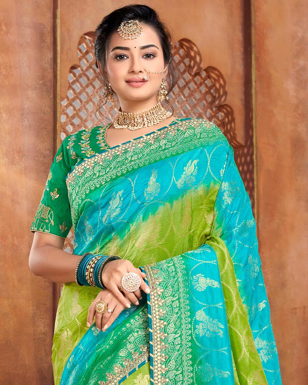 Vishal Prints Mehandi And Dark Green Silk Weaving Saree With Zari Border And Tassel