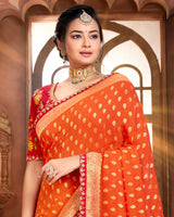 Vishal Prints Orange And Red Silk Weaving Saree With Zari Border And Tassel