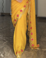 Vishal Prints Golden Yellow Designer Fancy Chiffon Saree With Embroidery-Diamond Work And Cut Work Border