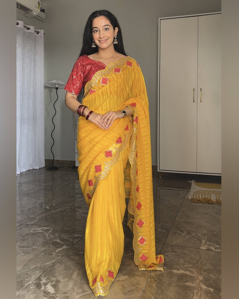 Vishal Prints Golden Yellow Designer Fancy Chiffon Saree With Embroidery-Diamond Work And Cut Work Border