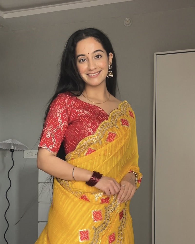 Vishal Prints Golden Yellow Designer Fancy Chiffon Saree With Embroidery-Diamond Work And Cut Work Border