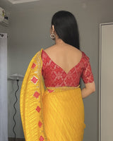 Vishal Prints Golden Yellow Designer Fancy Chiffon Saree With Embroidery-Diamond Work And Cut Work Border