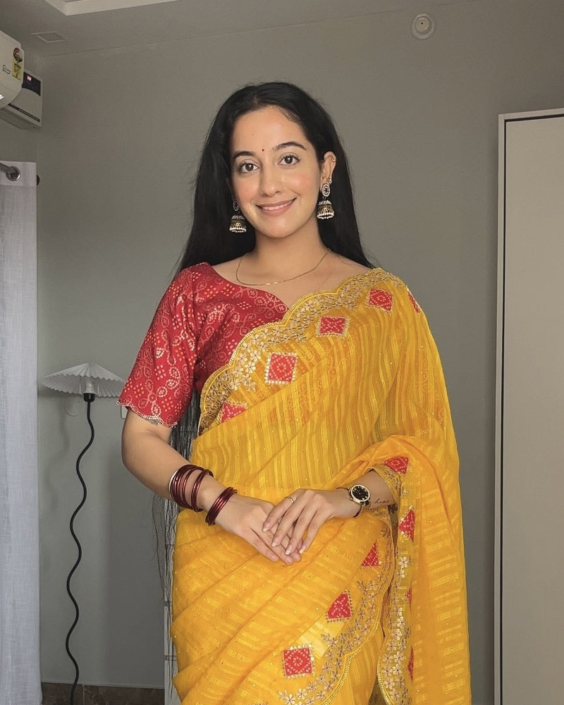 Vishal Prints Golden Yellow Designer Fancy Chiffon Saree With Embroidery-Diamond Work And Cut Work Border