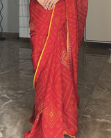 Vishal Prints Venetian Red Printed Georgette Bandhani Print Saree With Diamond Work And Fancy Border