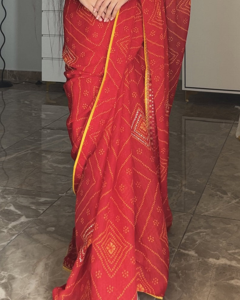 Vishal Prints Venetian Red Printed Georgette Bandhani Print Saree With Diamond Work And Fancy Border
