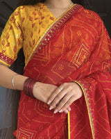 Vishal Prints Venetian Red Printed Georgette Bandhani Print Saree With Diamond Work And Fancy Border