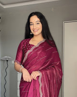 Vishal Prints Pansy Purple Designer Satin Saree With Diamond Work And Cut Work Diamond Border