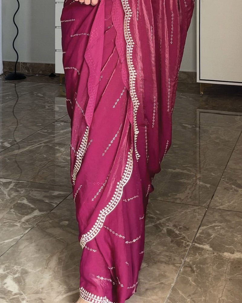 Vishal Prints Pansy Purple Designer Satin Saree With Diamond Work And Cut Work Diamond Border