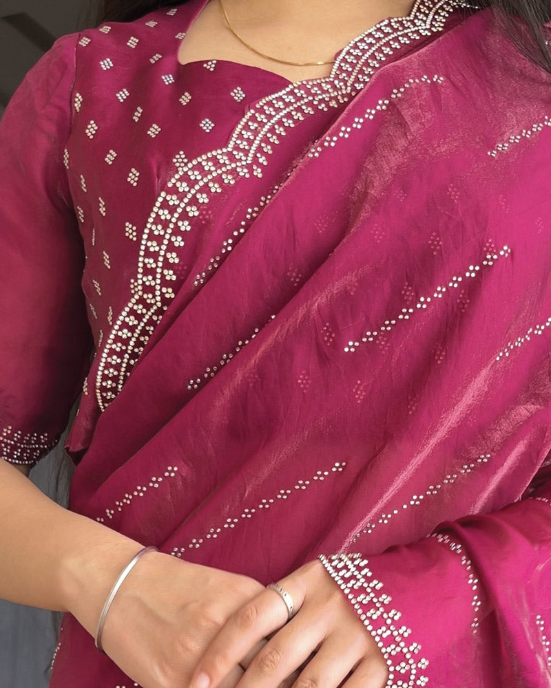 Vishal Prints Pansy Purple Designer Satin Saree With Diamond Work And Cut Work Diamond Border