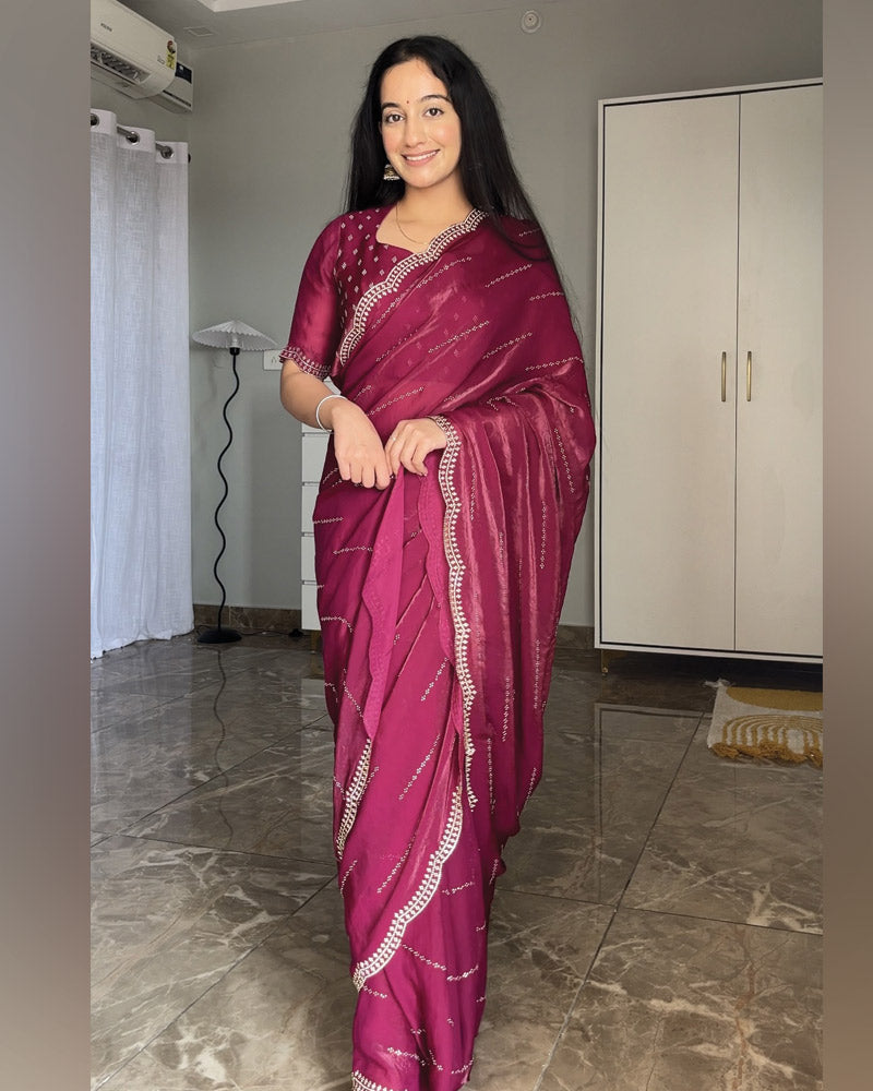 Vishal Prints Pansy Purple Designer Satin Saree With Diamond Work And Cut Work Diamond Border