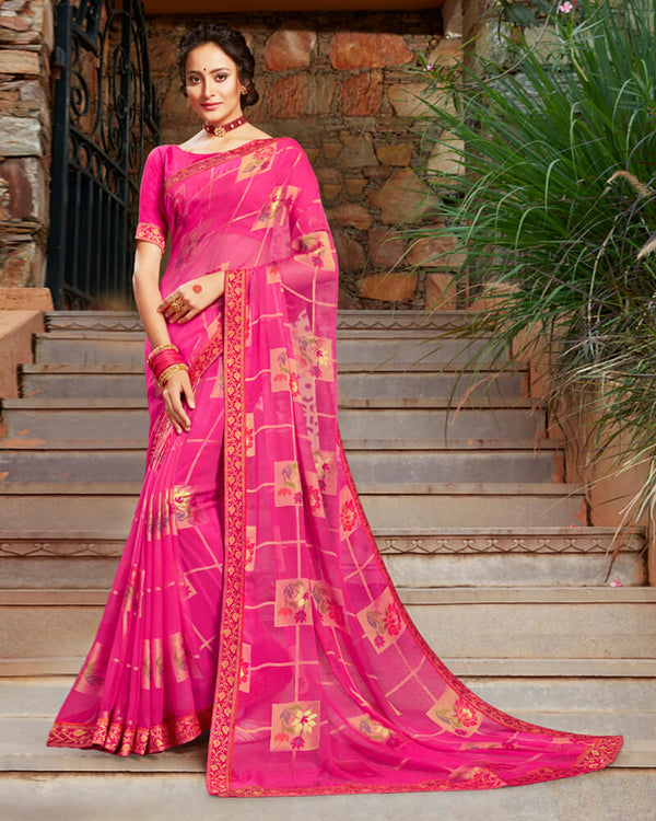 Vishal Prints Hot Pink Brasso Saree With Foil Print And Jari Border
