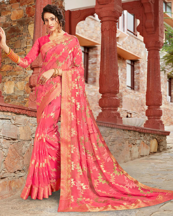 Vishal Prints Coral Pink Brasso Saree With Foil Print And Jari Border